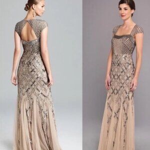 Adrianna Papell Nude Cap Sleeve Beaded Dress Size 4 Square Neck